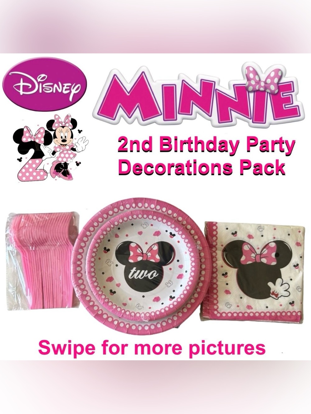 Disney Minnie Mouse 2nd Birthday Party Supplies Plates Napkins Forks 96pc